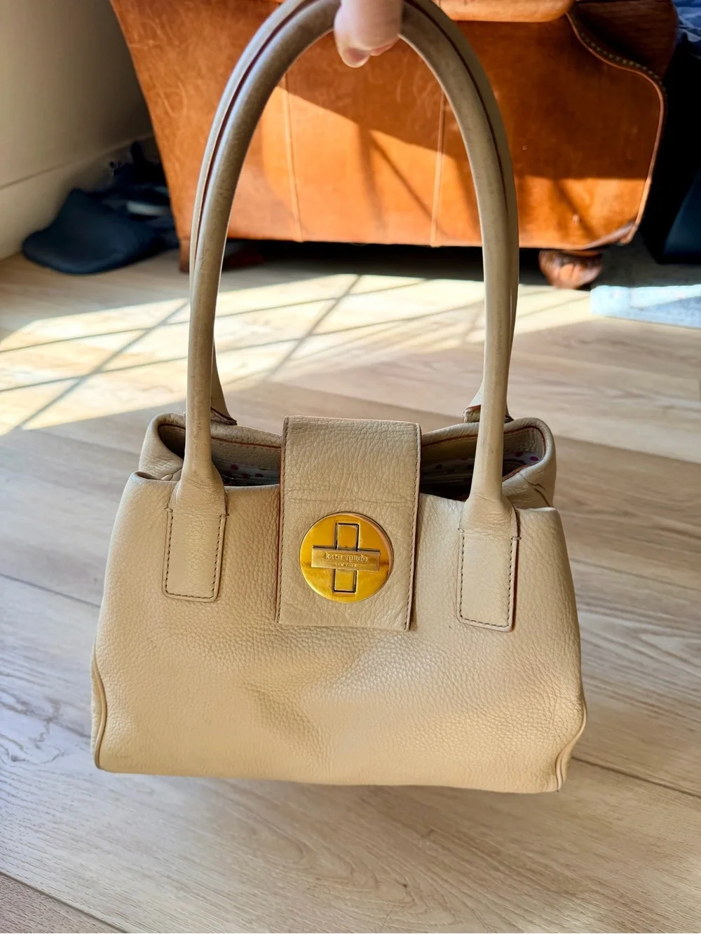 Y2K Kate Spade Large Dome Satchel Ivory Leather with Polka-dot interior